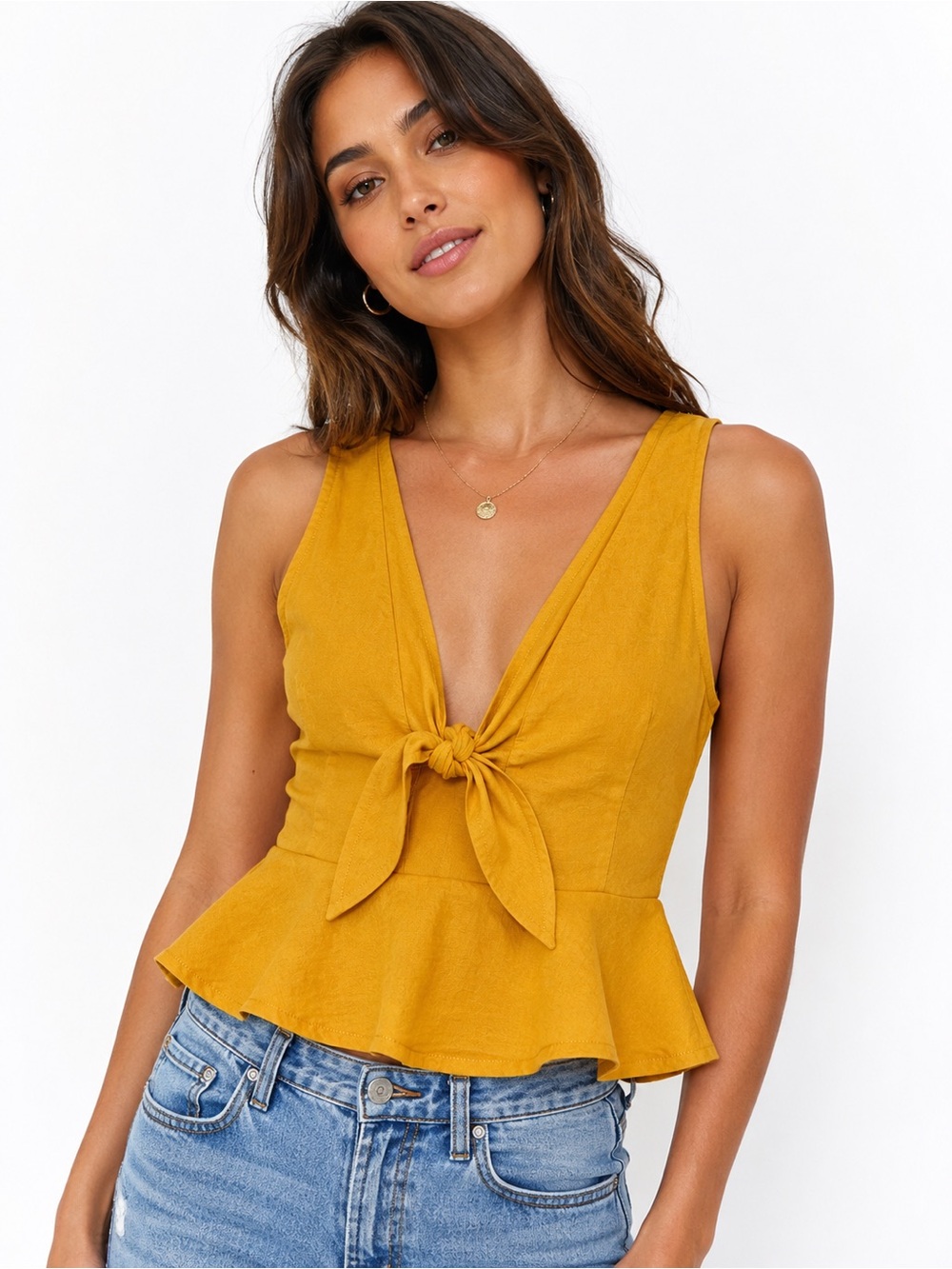 NWT BCBGeneration XXS Goldenrod Tie Front Peplum Tank Top Smocked Back